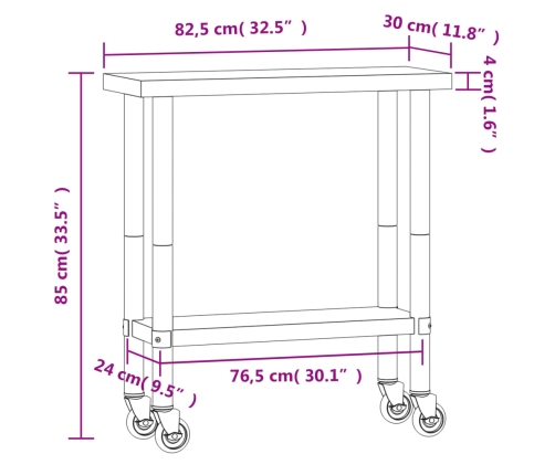 vidaXL virtuves darba galds, riteņi, 82,5x30x85 cm, nerūsējošs tērauds
