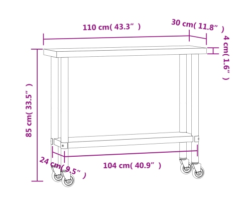 Virtuves Darba Galds, Riteņi, 110X30X85 Cm, Nerūsējošs Tērauds Vidaxl