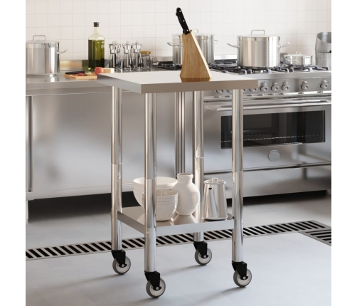 vidaXL virtuves darba galds, riteņi, 55x55x85 cm, nerūsējošs tērauds