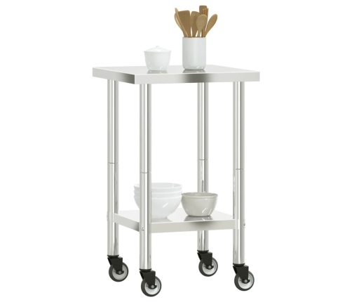 vidaXL virtuves darba galds, riteņi, 55x55x85 cm, nerūsējošs tērauds