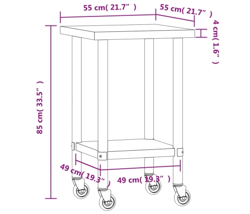 vidaXL virtuves darba galds, riteņi, 55x55x85 cm, nerūsējošs tērauds