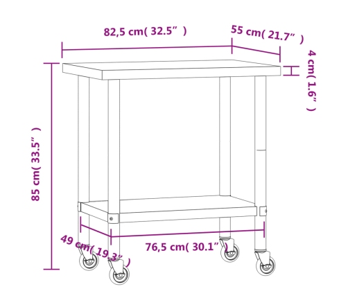 vidaXL virtuves darba galds, riteņi, 82,5x55x85 cm, nerūsējošs tērauds