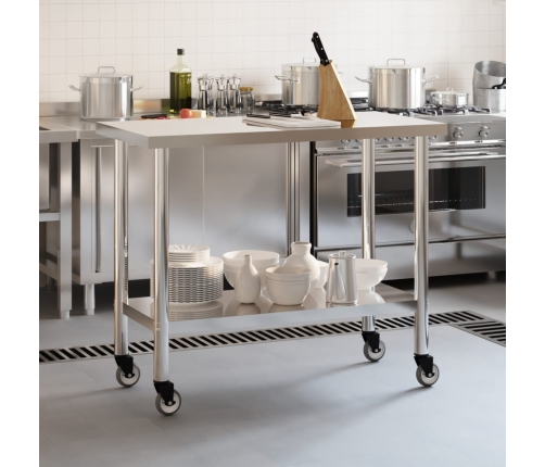 vidaXL virtuves darba galds, riteņi, 110x55x85 cm, nerūsējošs tērauds