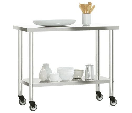 vidaXL virtuves darba galds, riteņi, 110x55x85 cm, nerūsējošs tērauds