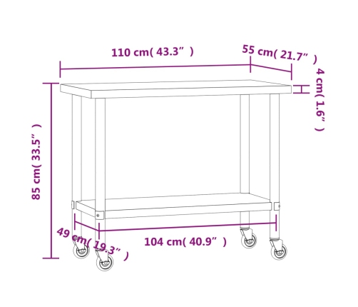 vidaXL virtuves darba galds, riteņi, 110x55x85 cm, nerūsējošs tērauds