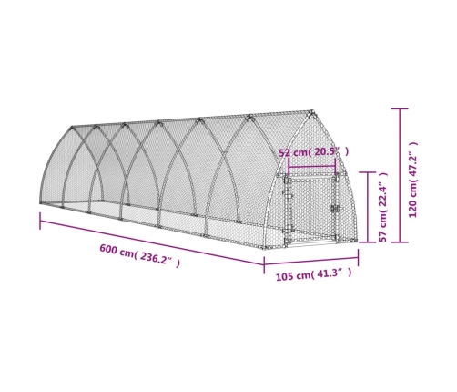 vidaXL vistu būris, sudrabains, 600x105x120 cm, cinkots tērauds