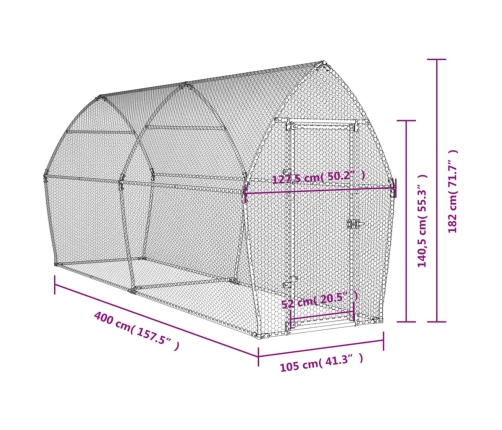 vidaXL vistu būris, sudrabains, 400x105x182 cm, cinkots tērauds