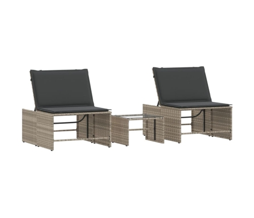 vidaXL sauļošanās zviļņi, 2gab., ar galdu, gaiši pelēka PE rotangpalma