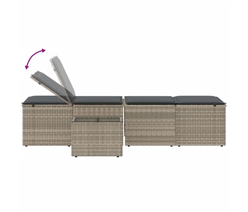 vidaXL sauļošanās zviļņi, 2gab., ar galdu, gaiši pelēka PE rotangpalma