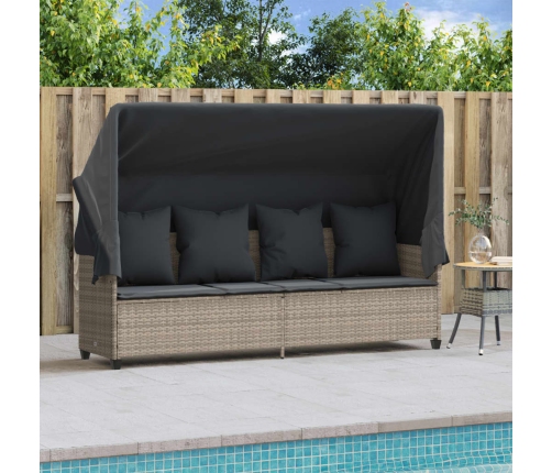 vidaXL sauļošanās zvilnis ar jumtiņu, matračiem, pelēka PE rotangpalma