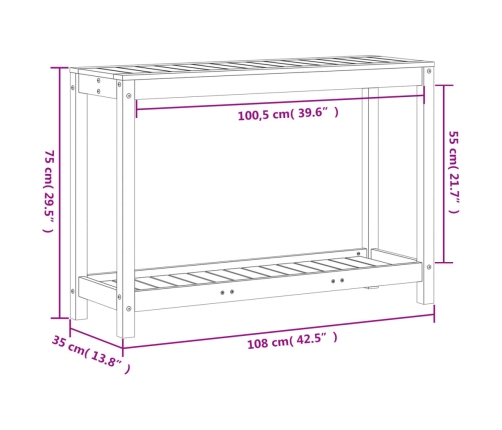 vidaXL stādīšanas galds ar plauktu, 108x35x75 cm, priedes masīvkoks