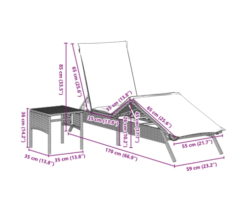 vidaXL sauļošanās zviļņi, 2gab., ar galdu, gaiši pelēka PE rotangpalma