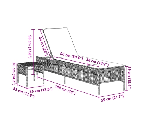 vidaXL sauļošanās zviļņi, 2gab., ar galdu, gaiši pelēka PE rotangpalma