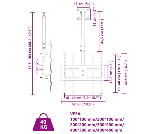 Tv Griestu Statīvs 32-65 Collu Ekrānam, Vesa 400X400 Mm, 40 Kg Vidaxl