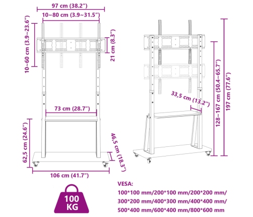 Tv Statīvs Uz Riteņiem, 32-90 Collu Ekrānam, 800X600 Mm, 100 Kg Vidaxl