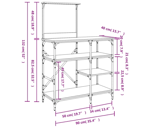 vidaXL virtuves plaukts, ozola, 90x40x132cm, inženierijas koks, metāls