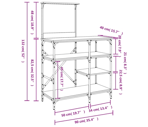vidaXL virtuves plaukts, ozola, 90x40x132cm, inženierijas koks, metāls