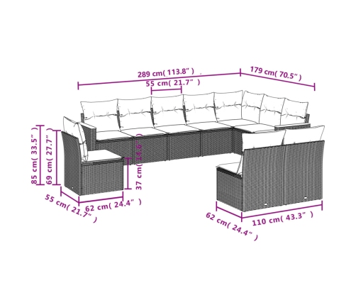 vidaXL 10-daļīgs dārza dīvāna komplekts, matrači, melna PE rotangpalma
