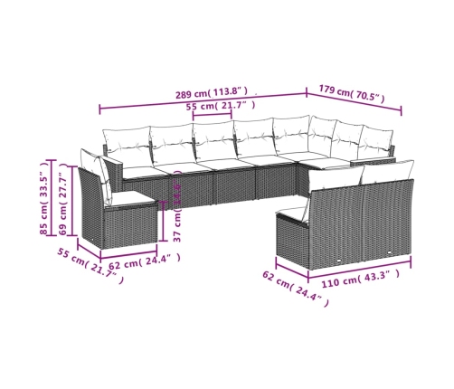 vidaXL 10-daļīgs dārza dīvāna komplekts ar matračiem, pelēks PE pinums