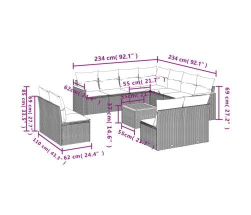 vidaXL 12-daļīgs dārza atpūtas mēbeļu komplekts, matrači, pelēks PE