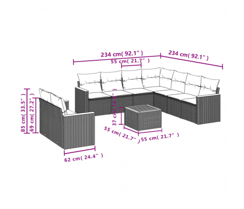 vidaXL 10-daļīgs dārza dīvāna komplekts, matrači, melna PE rotangpalma