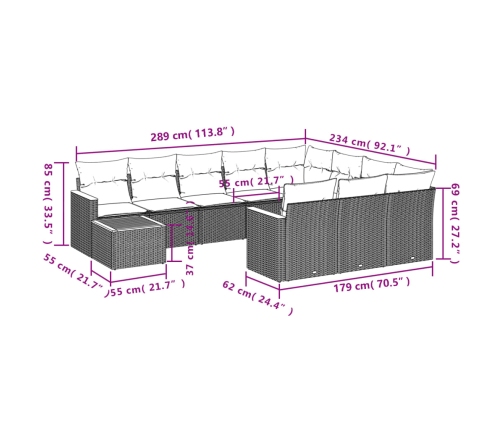 vidaXL 11-daļīgs dārza dīvāna komplekts, matrači, melna PE rotangpalma