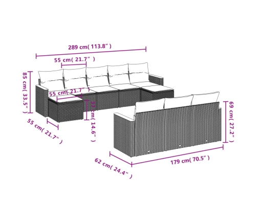 vidaXL 10-daļīgs dārza dīvāna komplekts, matrači, melna PE rotangpalma