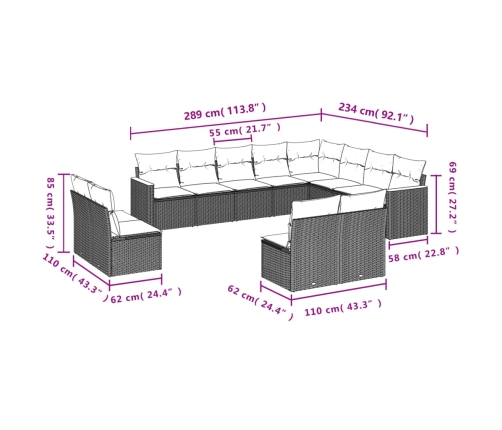 vidaXL 12-daļīgs dārza dīvāna komplekts, matrači, bēša PE rotangpalma