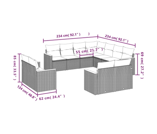 vidaXL 11-daļīgs dārza dīvāna komplekts ar matračiem, pelēks PE pinums