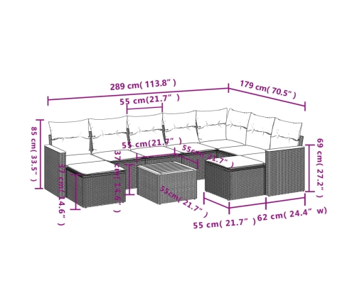 vidaXL 10-daļīgs dārza dīvāna komplekts, matrači, melna PE rotangpalma