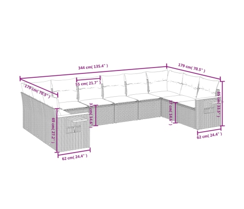 vidaXL 10-daļīgs dārza dīvāna komplekts ar matračiem, pelēks PE pinums