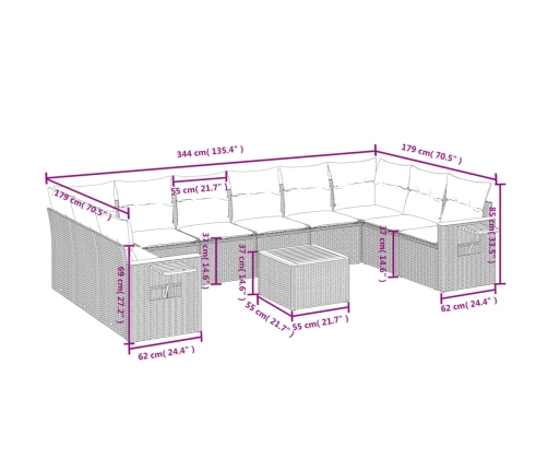 vidaXL 11-daļīgs dārza dīvāna komplekts, matrači, melna PE rotangpalma