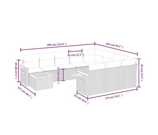 vidaXL 11-daļīgs dārza dīvāna komplekts ar matračiem, pelēks PE pinums