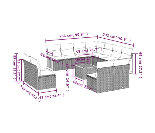 12-Daļīgs Dārza Dīvānu Komplekts, Matrači, Melna Pe Rotangpalma Vidaxl
