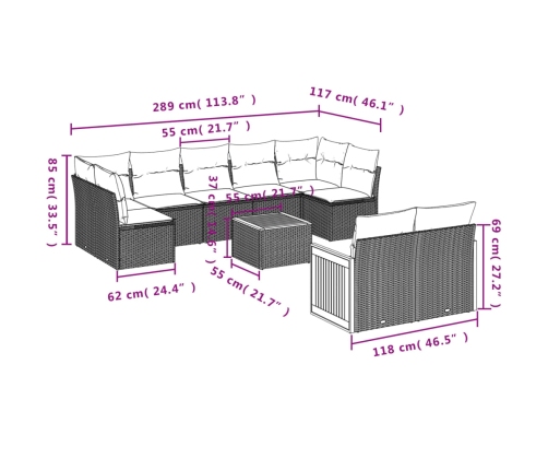 vidaXL 10-daļīgs dārza dīvāna komplekts, matrači, melna PE rotangpalma