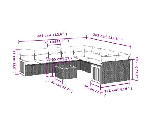 vidaXL 11-daļīgs dārza dīvāna komplekts, matrači, melna PE rotangpalma