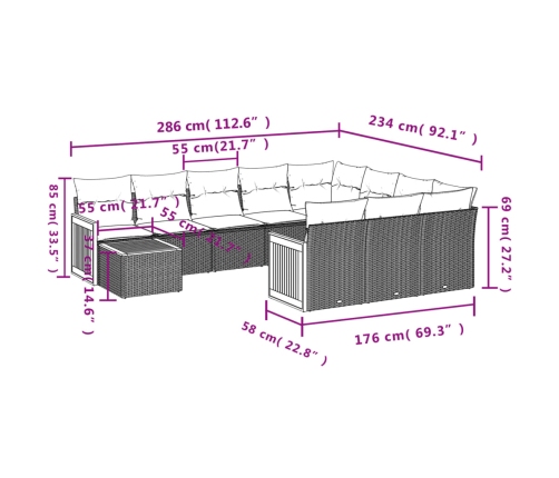 vidaXL 11-daļīgs dārza dīvāna komplekts, matrači, melna PE rotangpalma