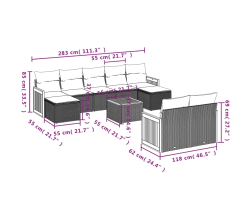 vidaXL 10-daļīgs dārza dīvāna komplekts, matrači, melna PE rotangpalma