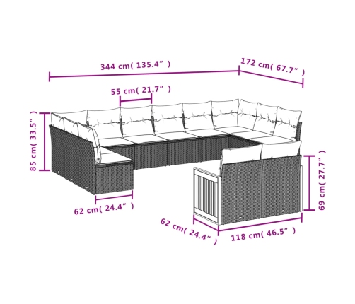 vidaXL 12-daļīgs dārza dīvānu komplekts, matrači, melna PE rotangpalma