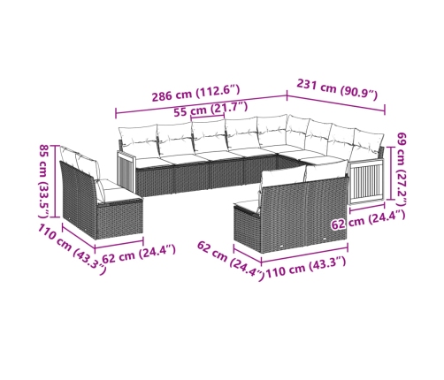 vidaXL 12-daļīgs dārza dīvānu komplekts, matrači, melna PE rotangpalma