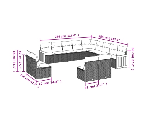 vidaXL 13-daļīgs dārza dīvāna komplekts ar matračiem, PE rotangpalma