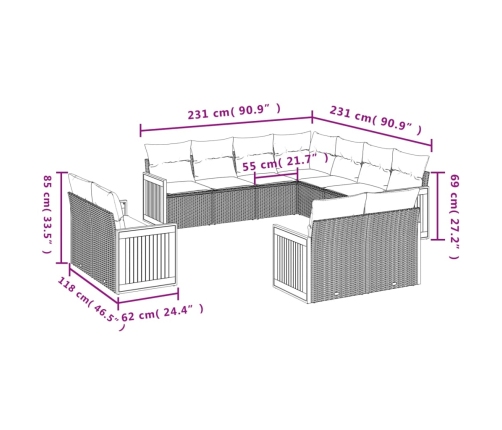 vidaXL 11-daļīgs dārza dīvāna komplekts, matrači, melna PE rotangpalma