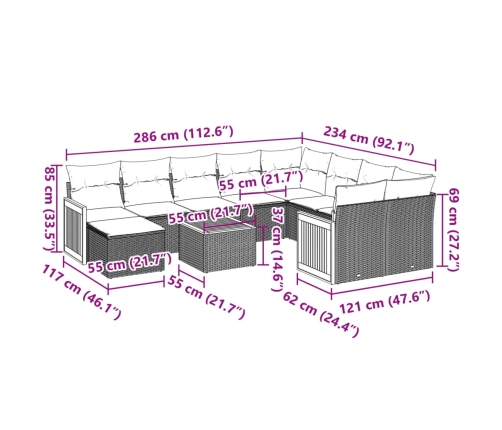 vidaXL 11-daļīgs dārza dīvāna komplekts, matrači, melna PE rotangpalma