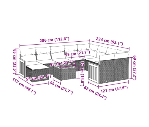 vidaXL 11-daļīgs dārza dīvāna komplekts, matrači, bēša PE rotangpalma