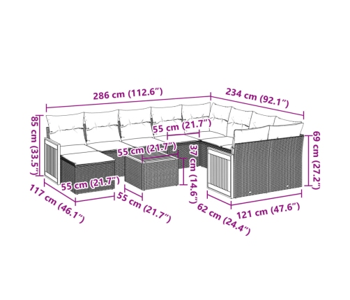 vidaXL 11-daļīgs dārza dīvāna komplekts ar matračiem, pelēks PE pinums