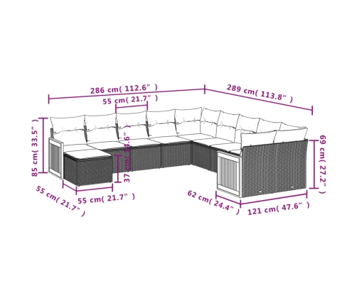 vidaXL 11-daļīgs dārza dīvāna komplekts, matrači, melna PE rotangpalma