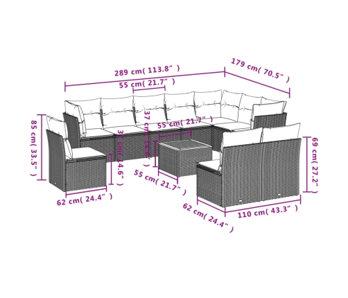 vidaXL 11-daļīgs dārza dīvāna komplekts ar matračiem, pelēks PE pinums