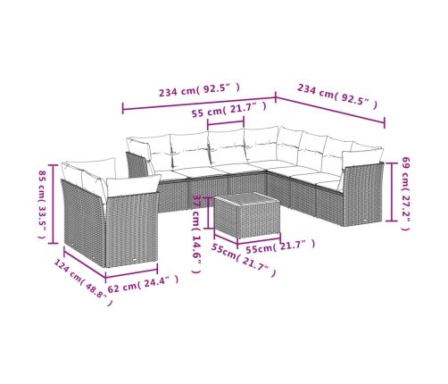 vidaXL 10-daļīgs dārza dīvāna komplekts, matrači, melna PE rotangpalma