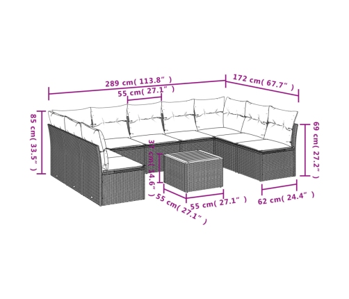 vidaXL 10-daļīgs dārza dīvāna komplekts ar matračiem, pelēks PE pinums