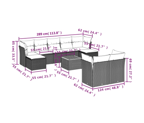 vidaXL 10-daļīgs dārza dīvāna komplekts ar matračiem, pelēks PE pinums